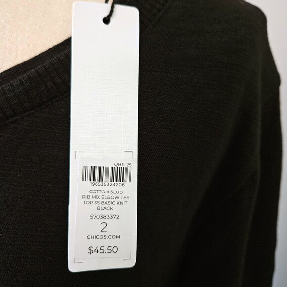 Chicos Slub Elbow-Sleeve Tee Black New With Tags Size Large - Picture 8 of 8